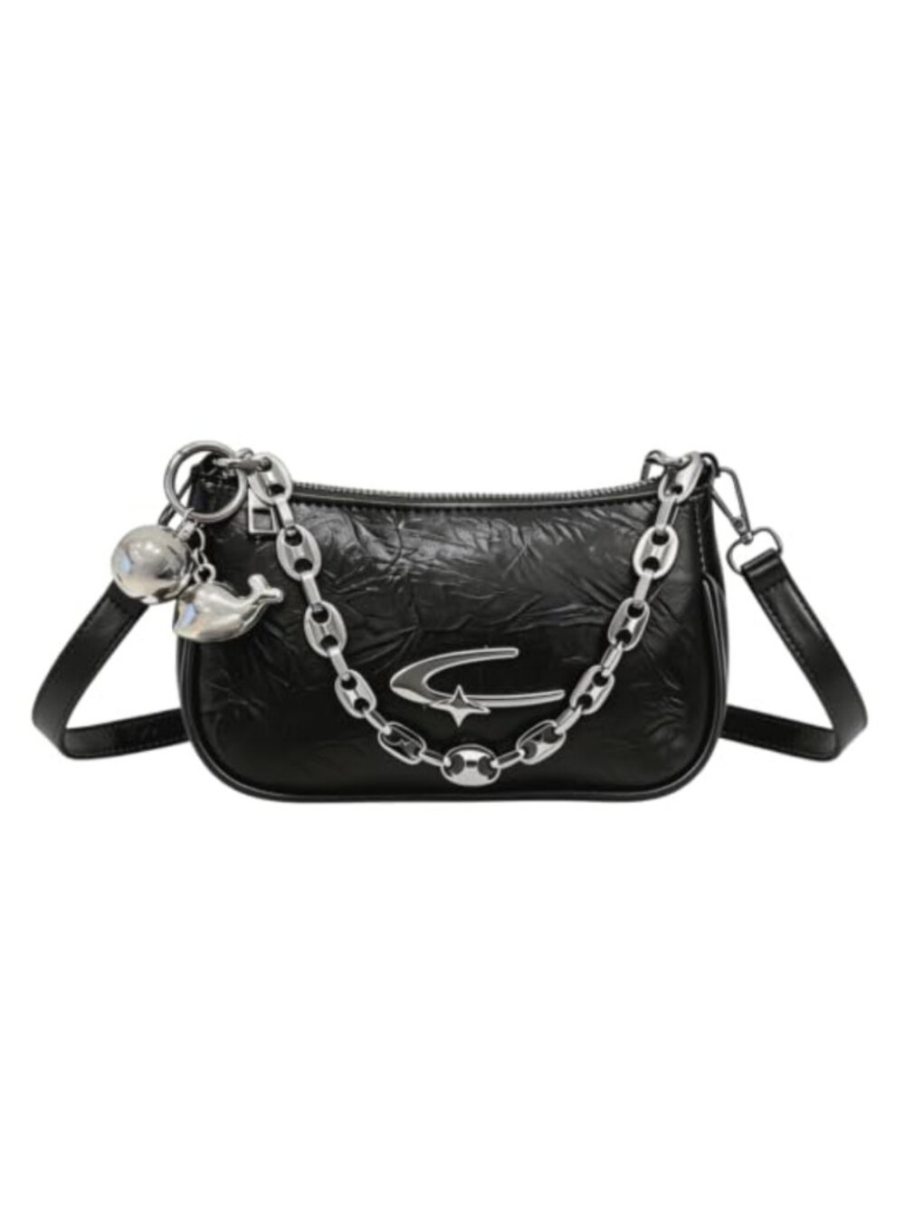 Y2K Goth PU Leather Crescent Moon Shoulder Handbag with Metal Charms & Chain